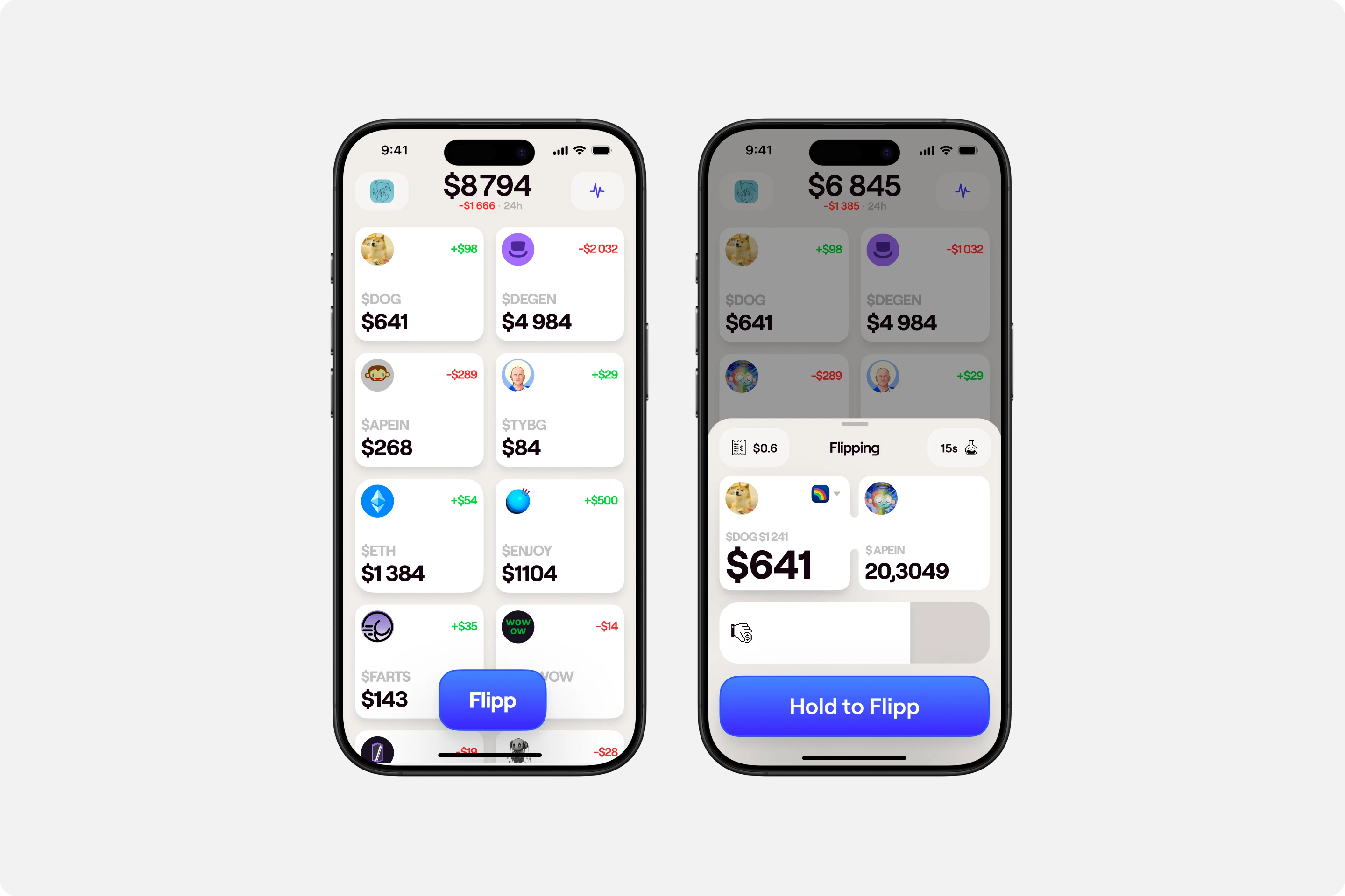 Flipp — portfolio overview and hold-to-flip exchange modal