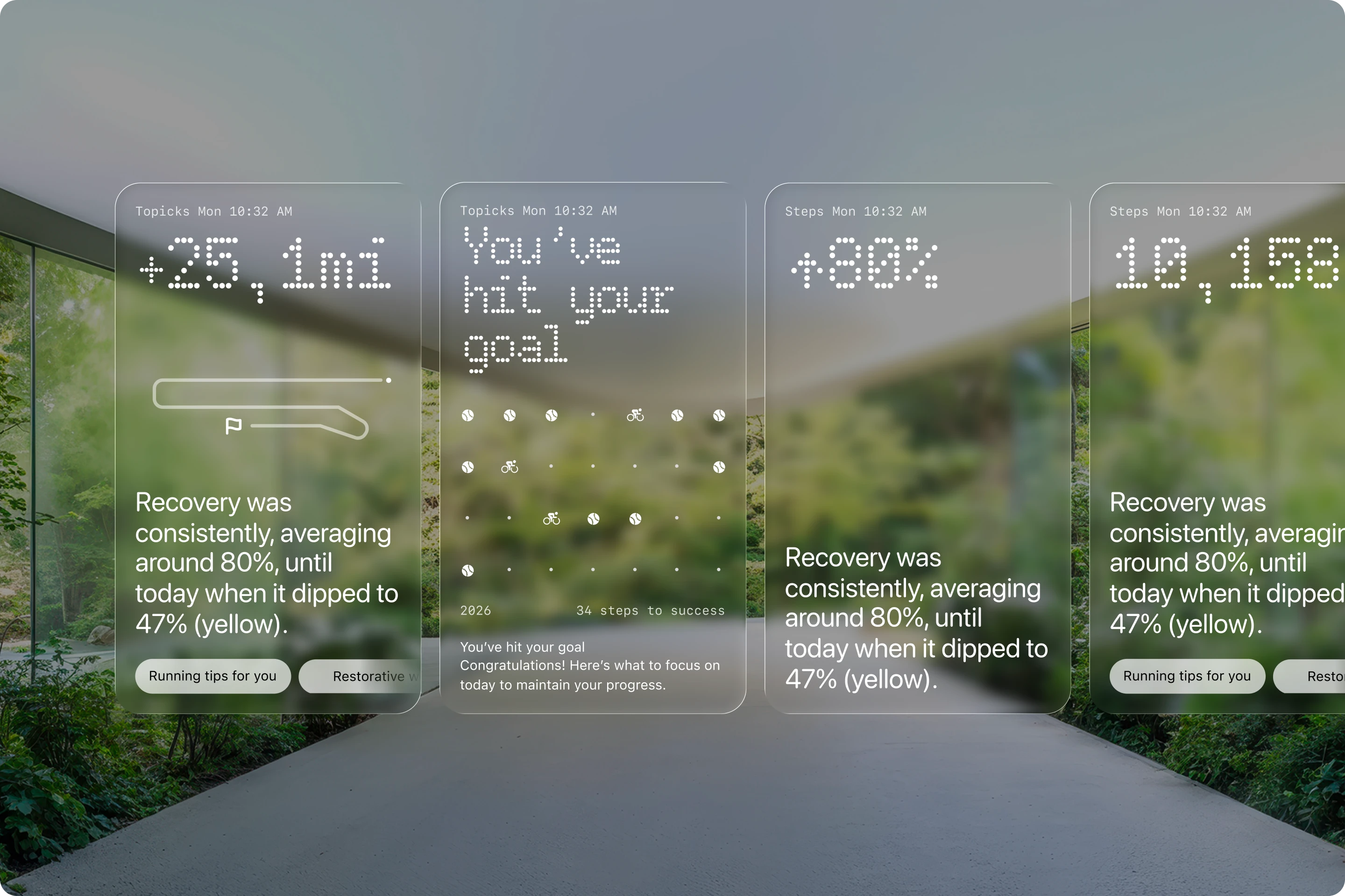 Vana — glass UI cards for recovery, goals, and activity