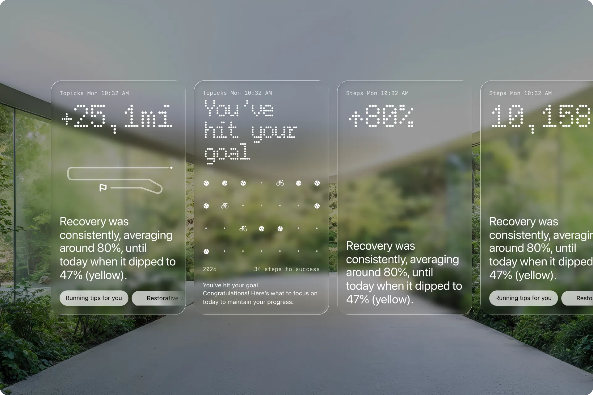 Vana — glass UI cards for recovery, goals, and activity
