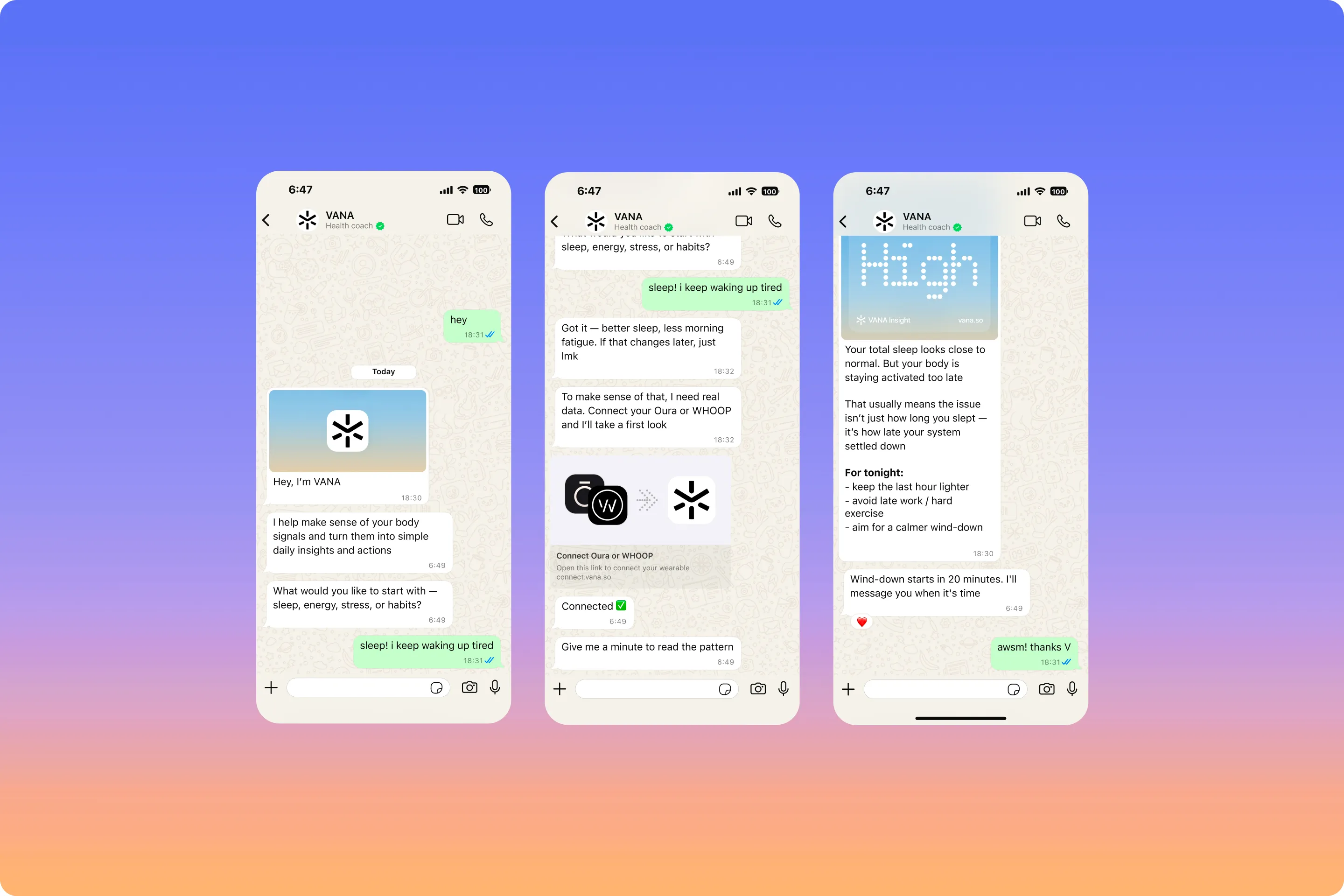 Vana — messenger agent chat from onboarding to recovery insight