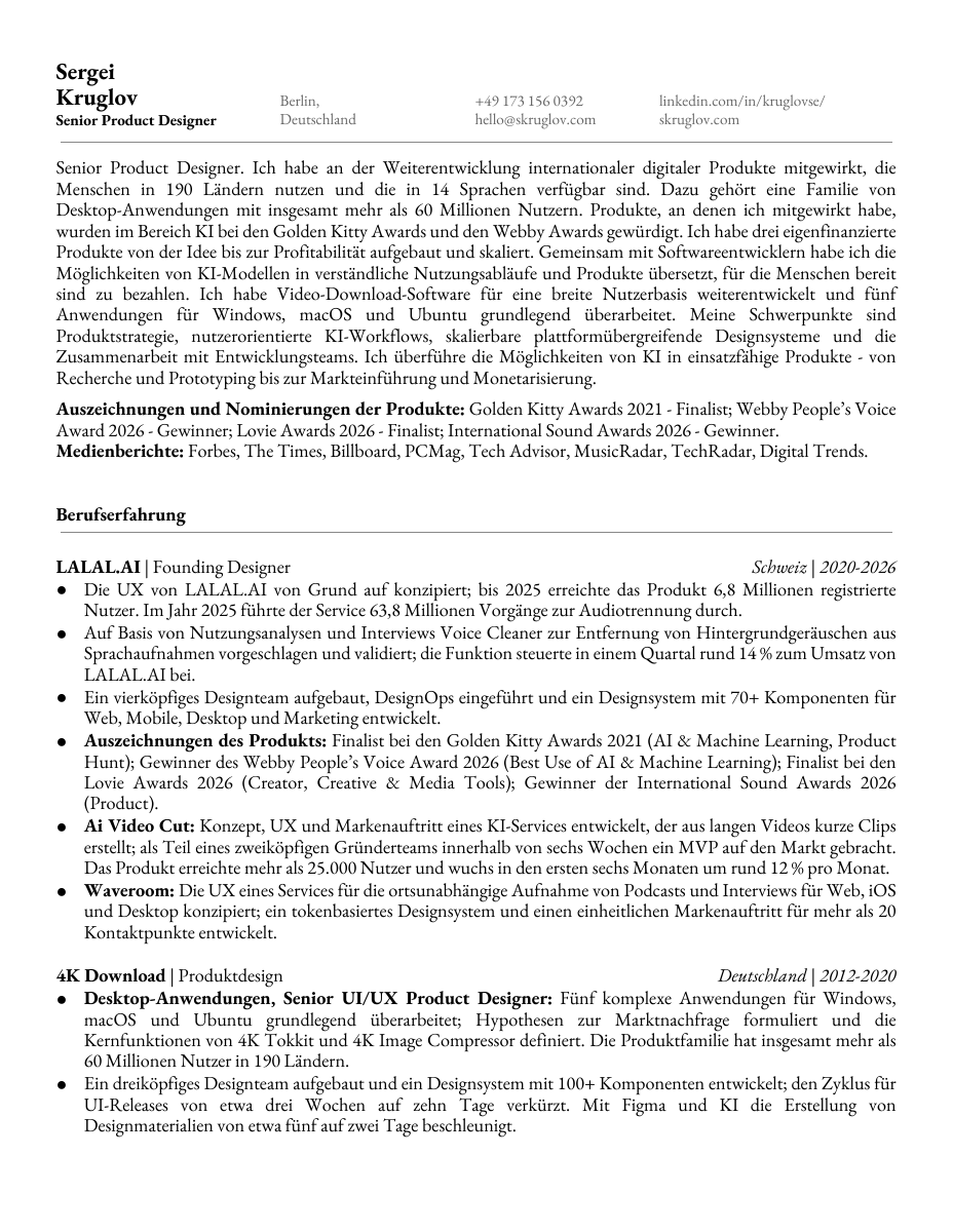 Erste Seite des deutschen Lebenslaufs von Sergei Kruglov
