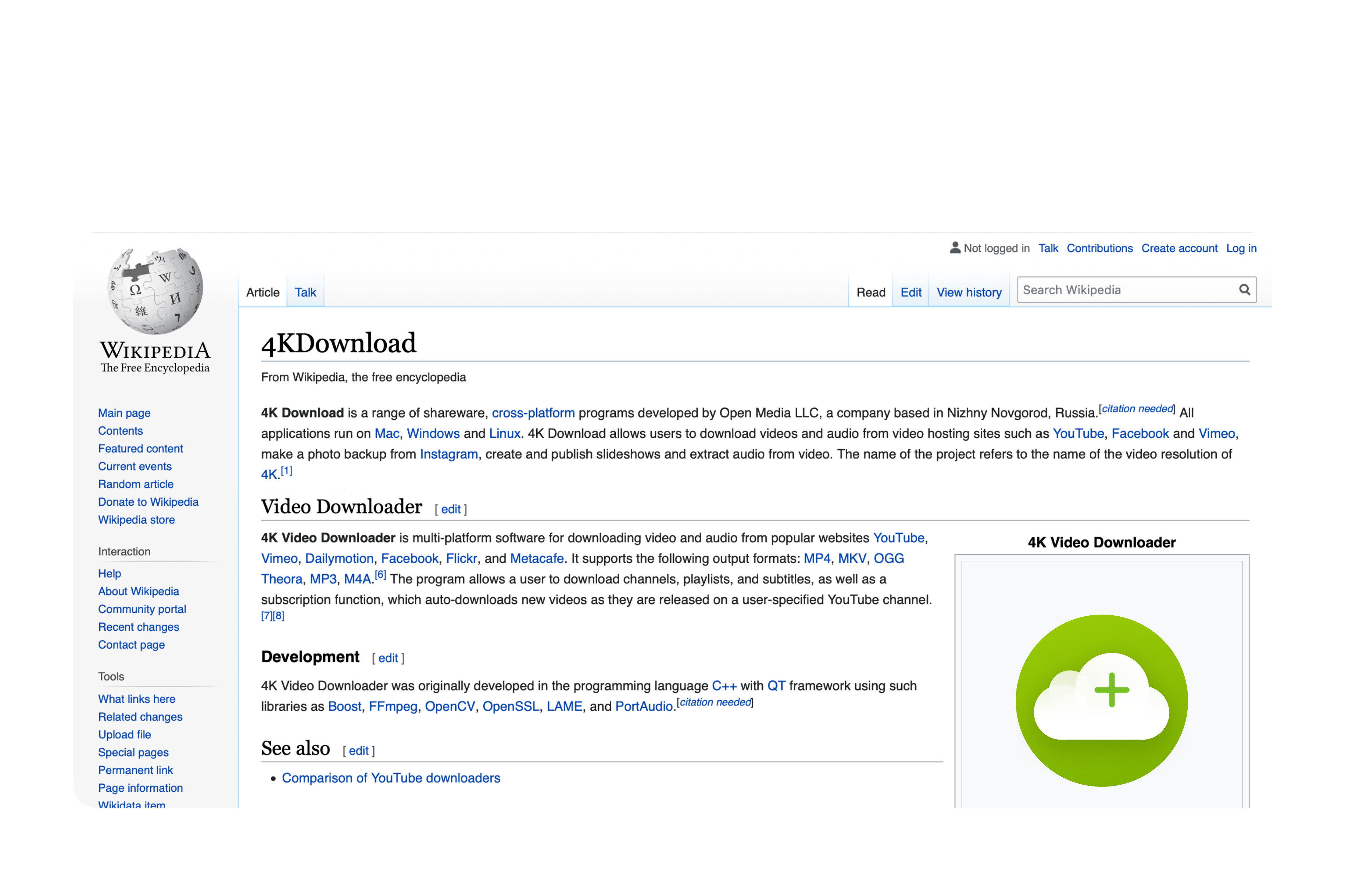 Der Wikipedia-Artikel über 4K Download