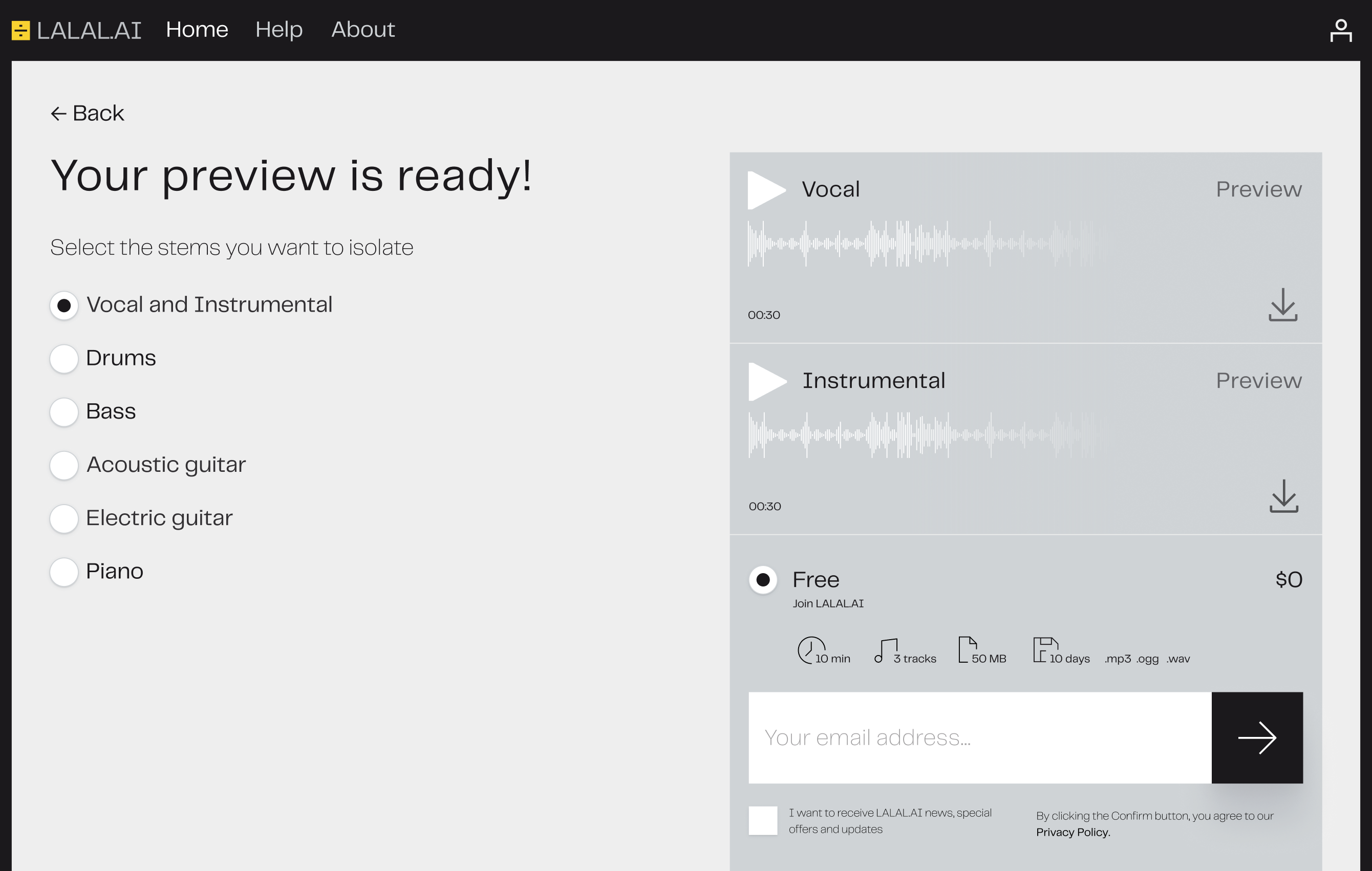 Vorschau und Download getrennter Spuren in der ersten Version von LALAL.AI