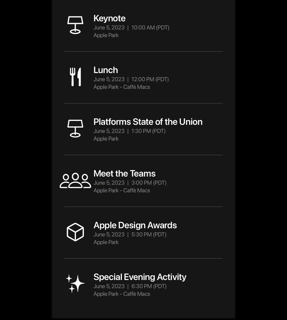 Evening event schedule at WWDC 2023 — the mystery evening event